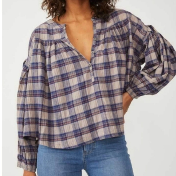 We The Free Womens Button Up Sz XS Jesse Plaid Top-Gray Combo Fall Oversized - Picture 1 of 12